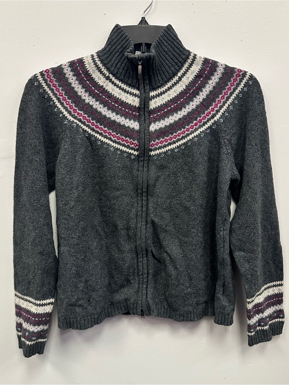 Vintage Columbia Women’s Cardigan Size L Dark Gray Fair Isle Yoke Cotton Blend